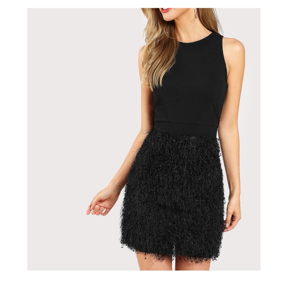 Black Sleeveless Faux Feather Bodycon Dress